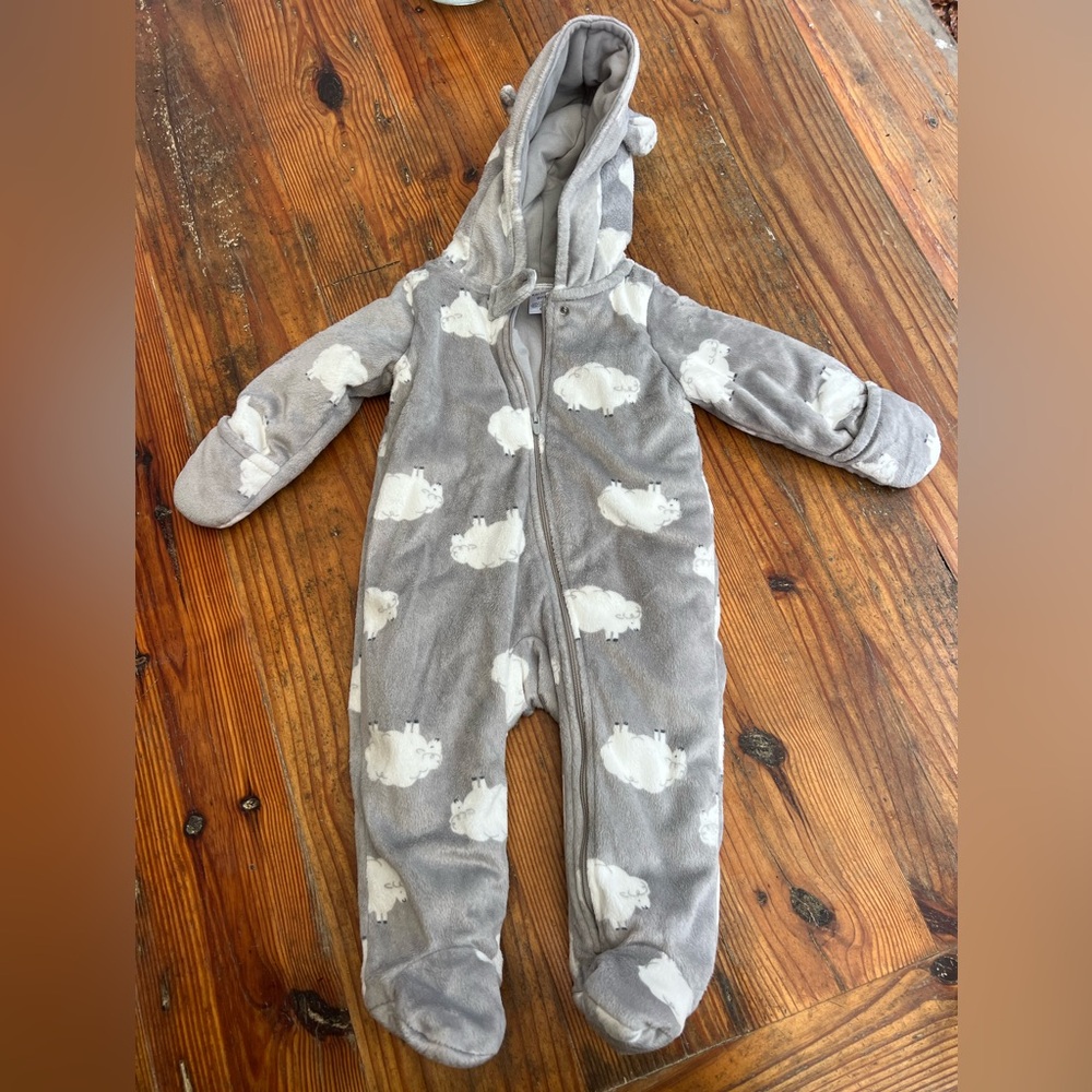 CARTERS Snowsuit Sheep Fleece Hooded One Piece Zip Gray White Unisex 9 months